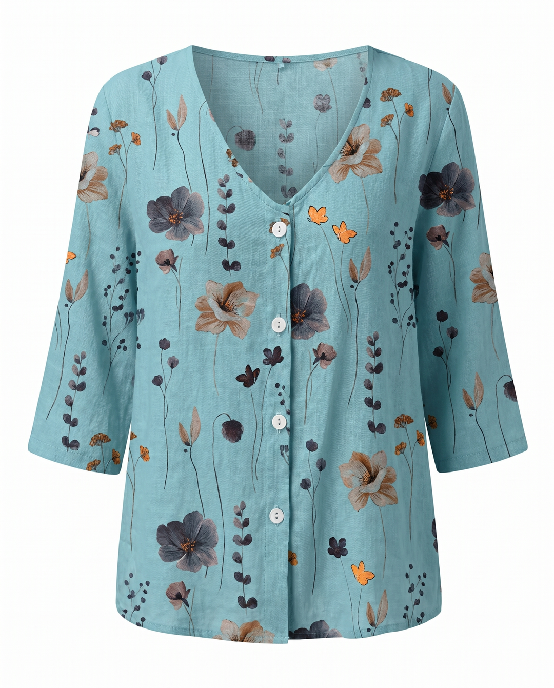 Blusa con estampado floral y detalles bordados, cuello V. Estilo femenino y corte holgado.