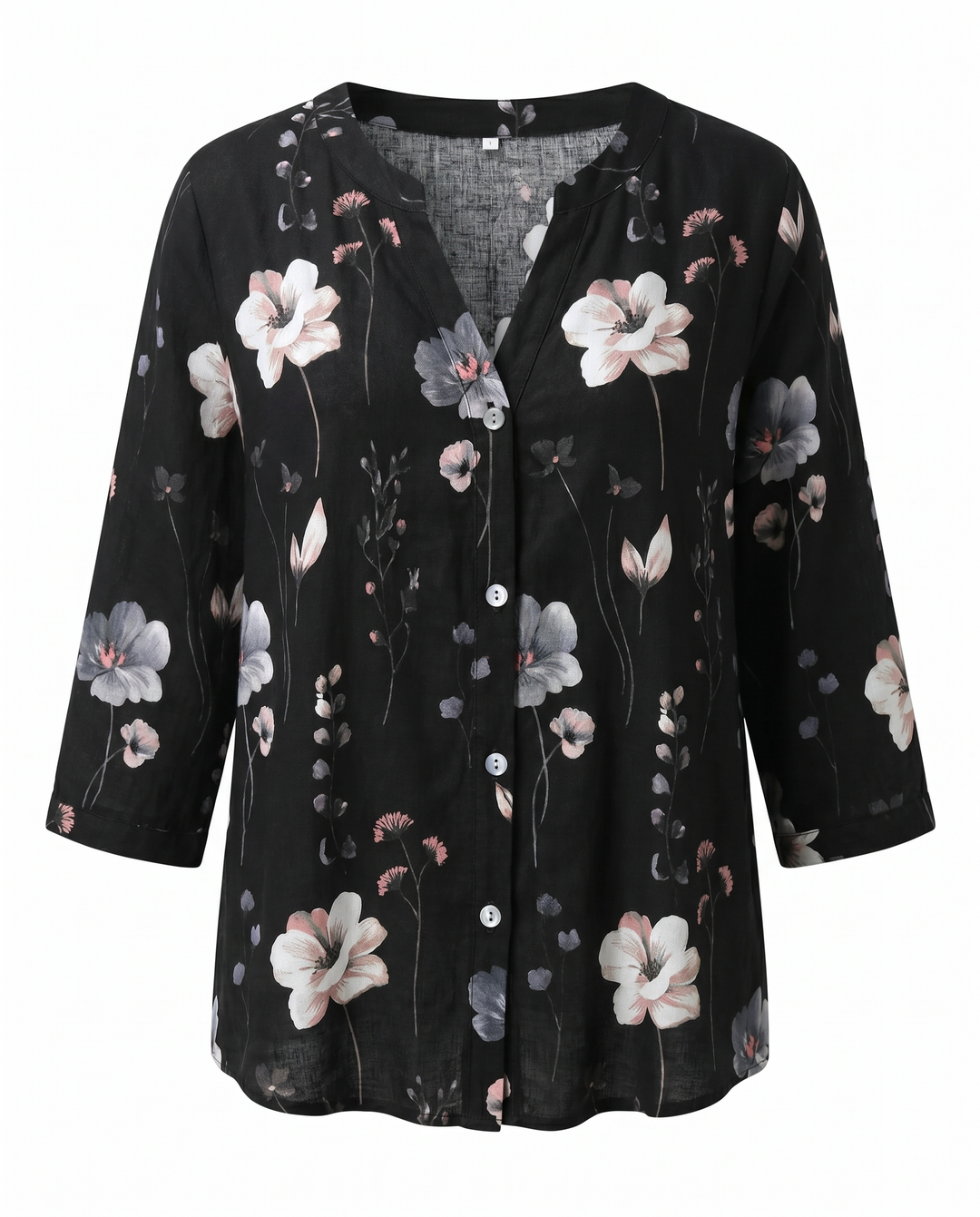 Blusa rosa floral bordada para mujer, cuello V. Diseño fresco y holgado para el verano.