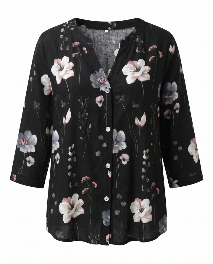 Blusa rosa floral bordada para mujer, cuello V. Diseño fresco y holgado para el verano.