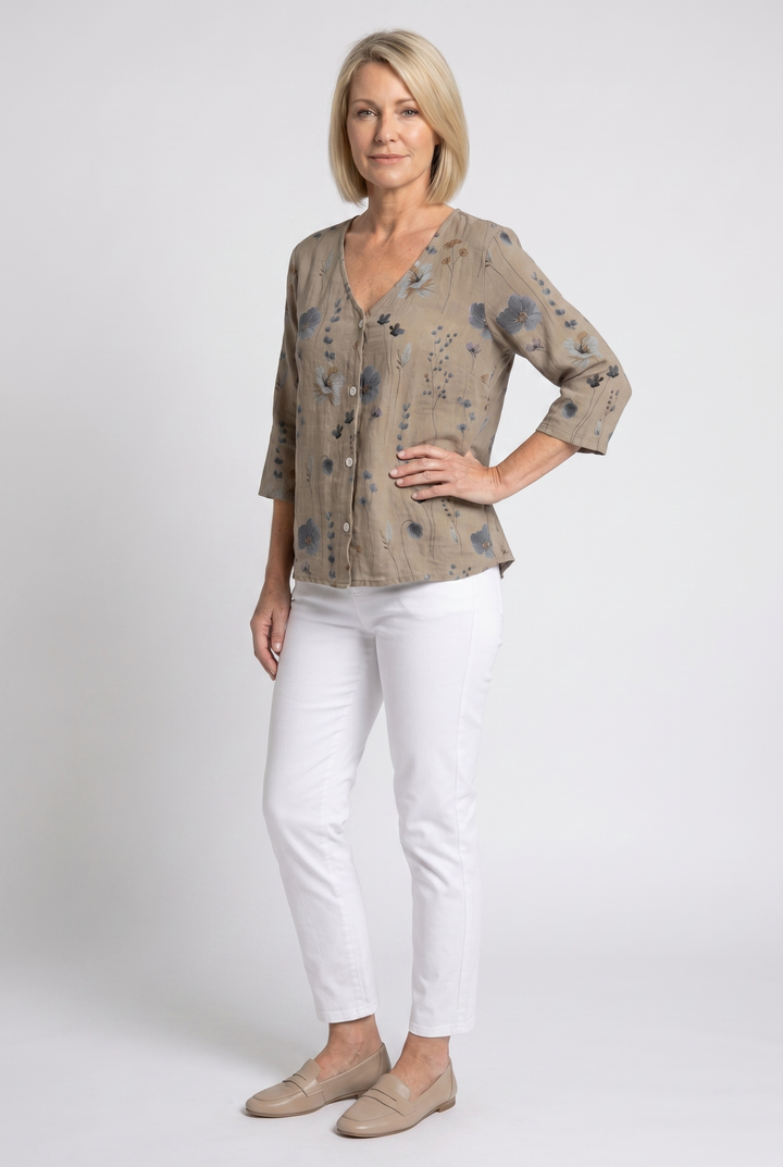 Blusa de manga larga floral bordada para mujer, cuello V, estilo boho chic casual.