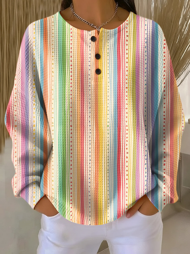 Blusa de moda de punto waffle para mujer, con rayas horizontales y manga larga para un look chic.