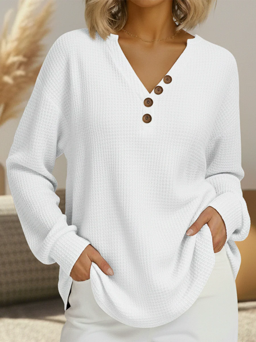 Blusa casual de mujer, punto waffle con rayas y manga larga. Ideal para looks relajados de primavera.