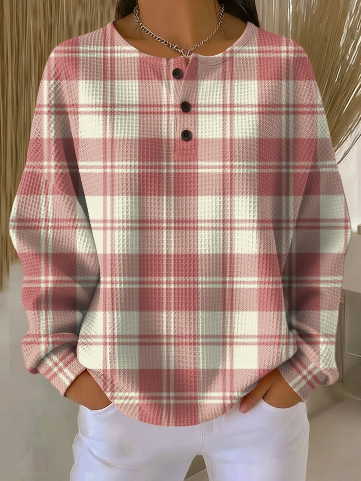 Blusa de punto waffle con rayas, manga larga, diseño casual para mujer. Elegancia primaveral casual.