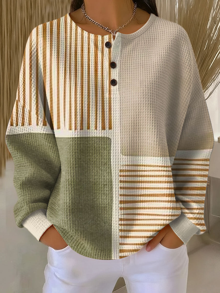 Camisa de punto waffle para mujer con rayas, manga larga. Ideal para un look casual de otoño.