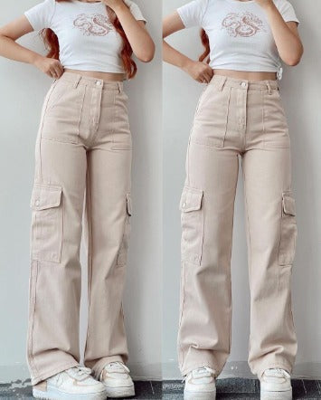 Pantalón cargo mujer Isabella, pierna ancha, plisados frontales. Perfecto para moda casual y cómoda.