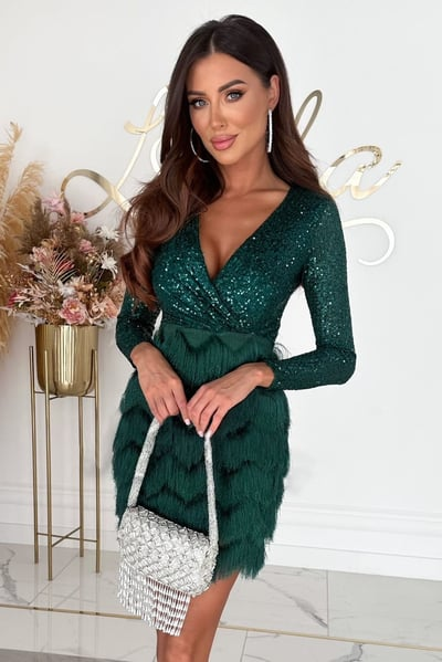 Vestido de fiesta corto con lentejuelas para mujer, diseño envolvente y manga larga. Perfecto para celebraciones.
