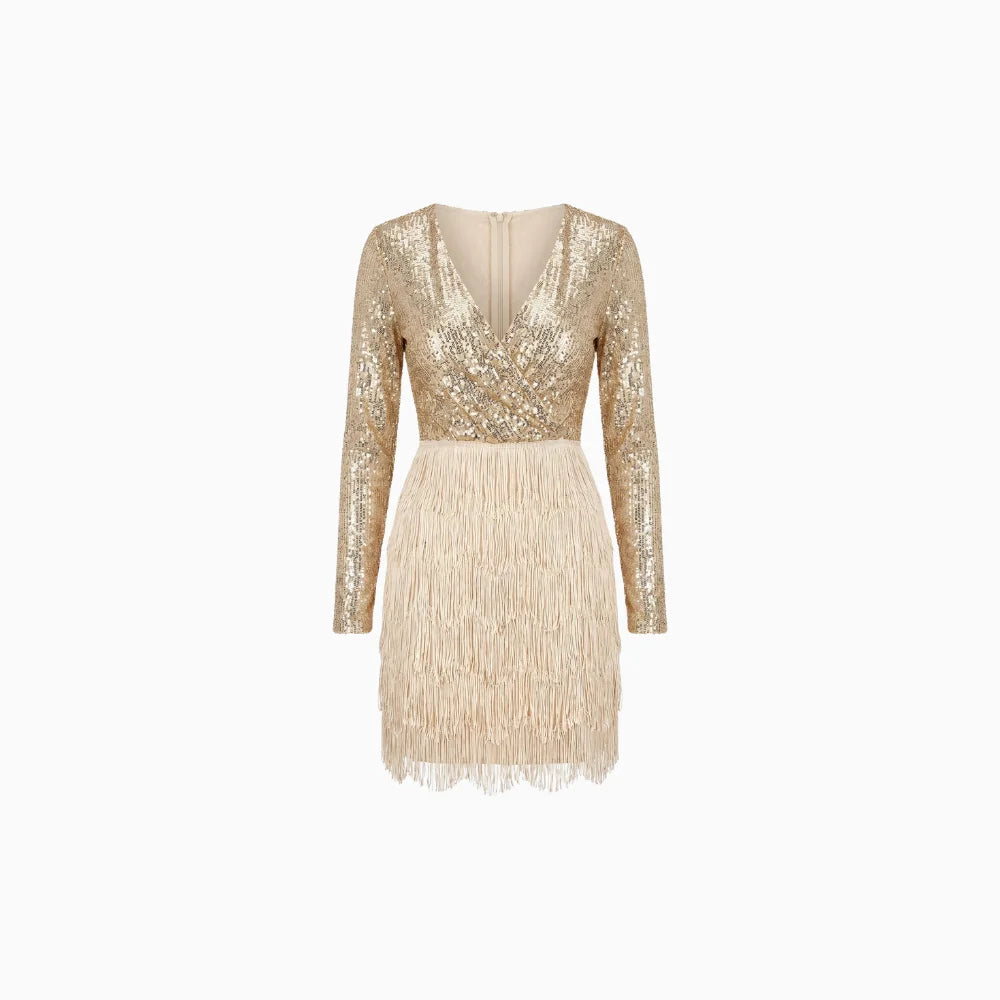 Vestido de lentejuelas brillante y corto, con diseño envolvente y manga larga. Moda de fiesta para mujer.