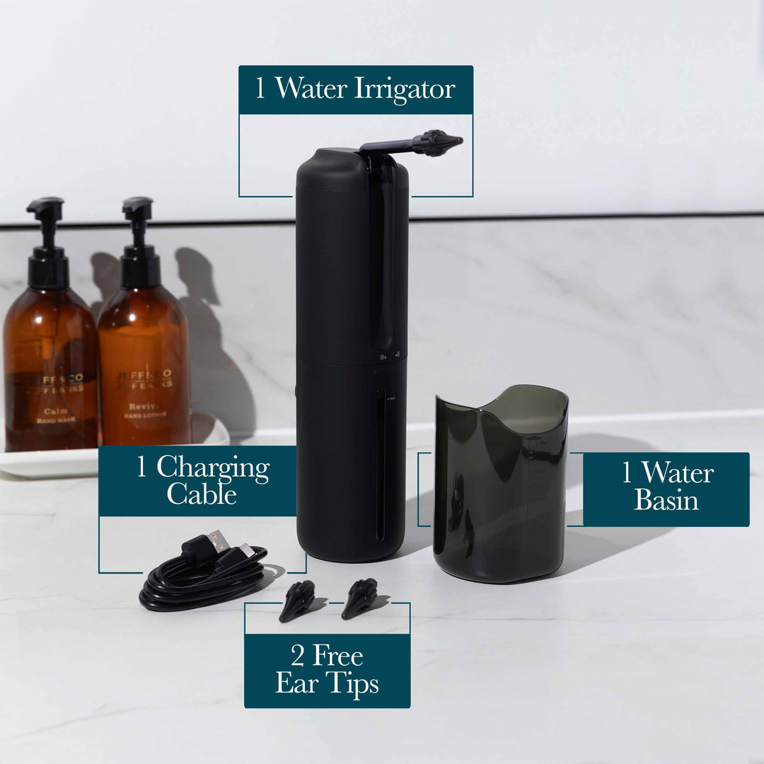 Kit completo de cuidado auditivo: sistema de limpieza de oídos, eliminador de cera y accesorios para higiene personal.