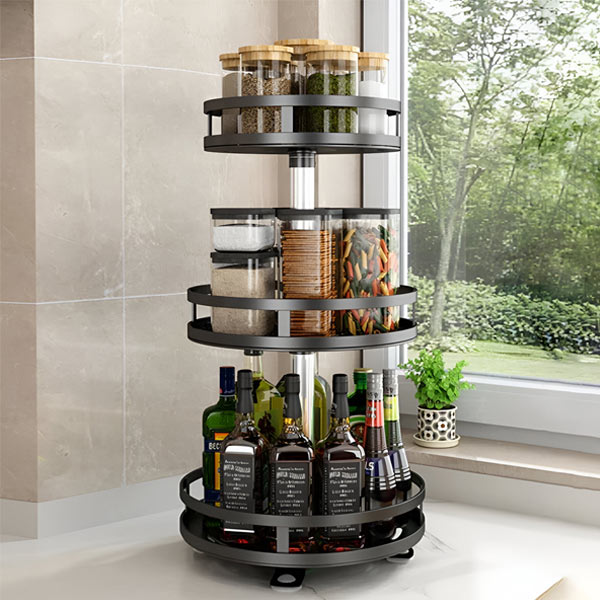 Organizador metálico giratorio de 3 niveles para almacenamiento en cocina, baño u oficina.