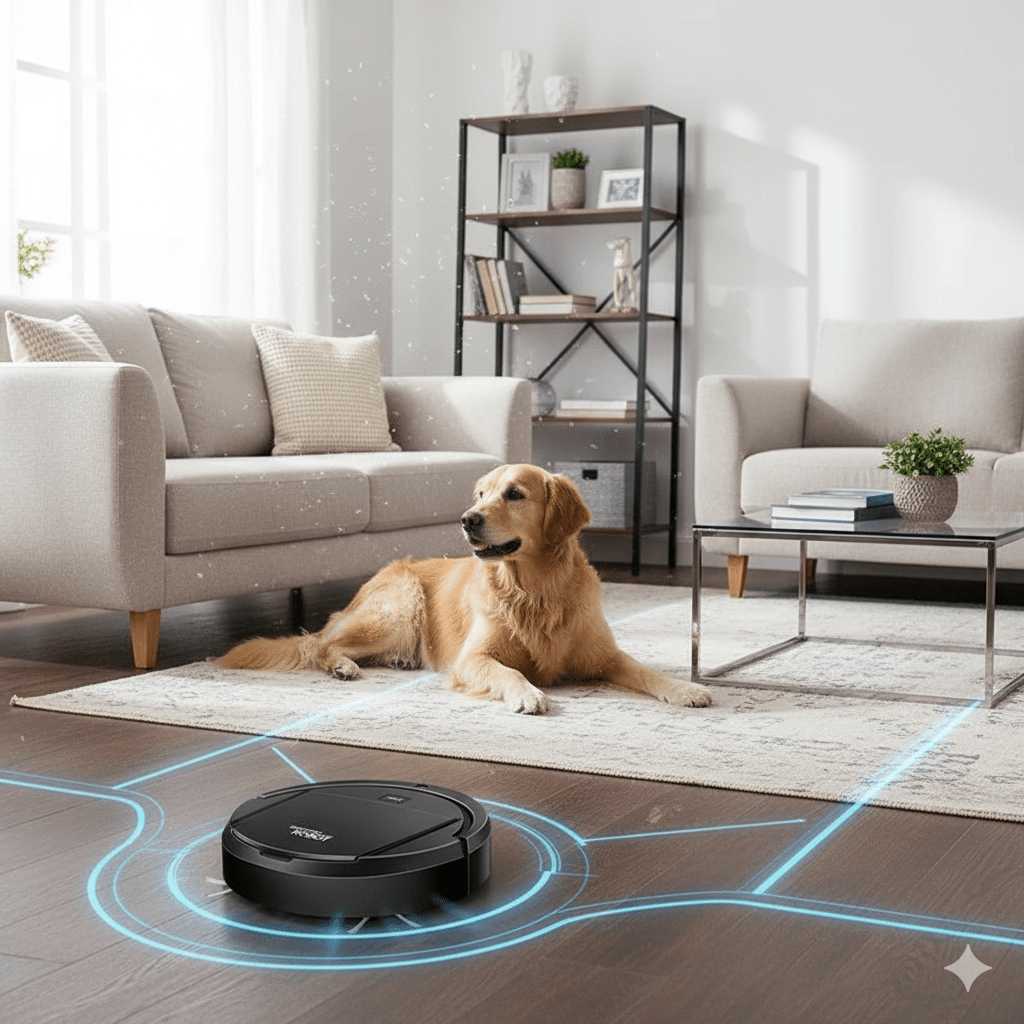 Robot aspirador antialergias con filtro HEPA, captura polvo fino y pelo de mascotas eficientemente.