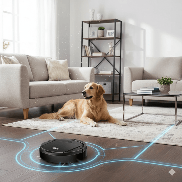 Robot aspirador antialergias con filtro HEPA, captura polvo fino y pelo de mascotas eficientemente.