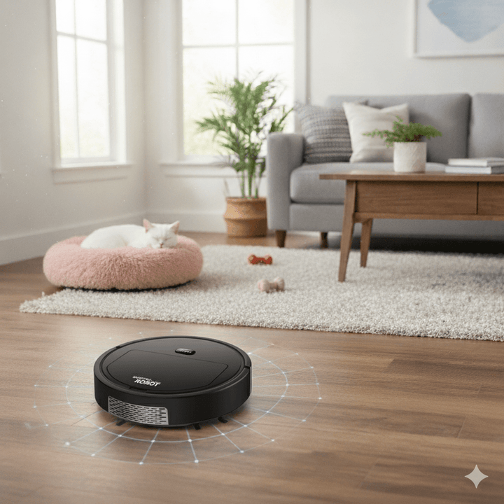 Robot aspirador inteligente y silencioso con filtración HEPA para una limpieza discreta y eficiente.