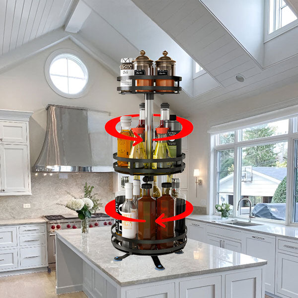 Almacenamiento eficiente: organizador giratorio metálico de 3 niveles para maximizar espacio en cocina.