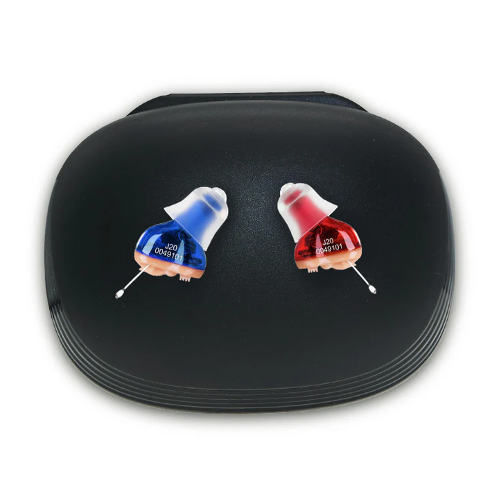 Audífono digital intraauricular discreto con cancelación de ruido para audición clara.