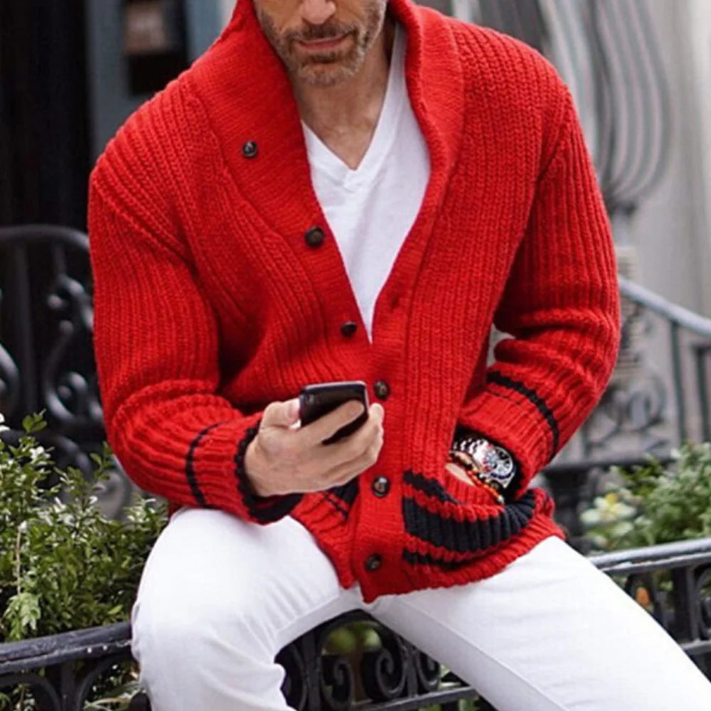 Cárdigan de punto para hombre, abrigo cálido y sofisticado, ideal para moda masculina de invierno.