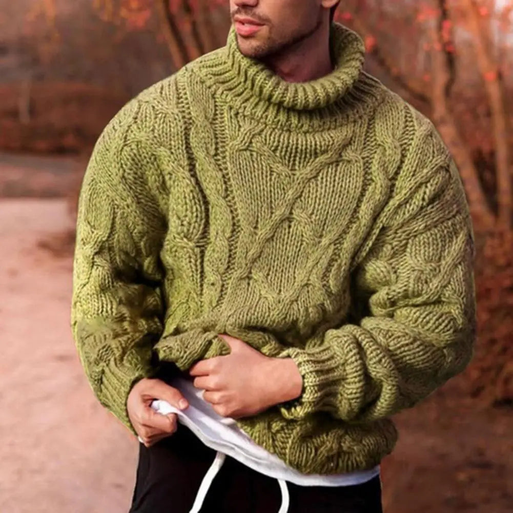 Jersey trenzado de hombre cálido, cuello redondo. Suéter elegante para moda masculina de invierno.