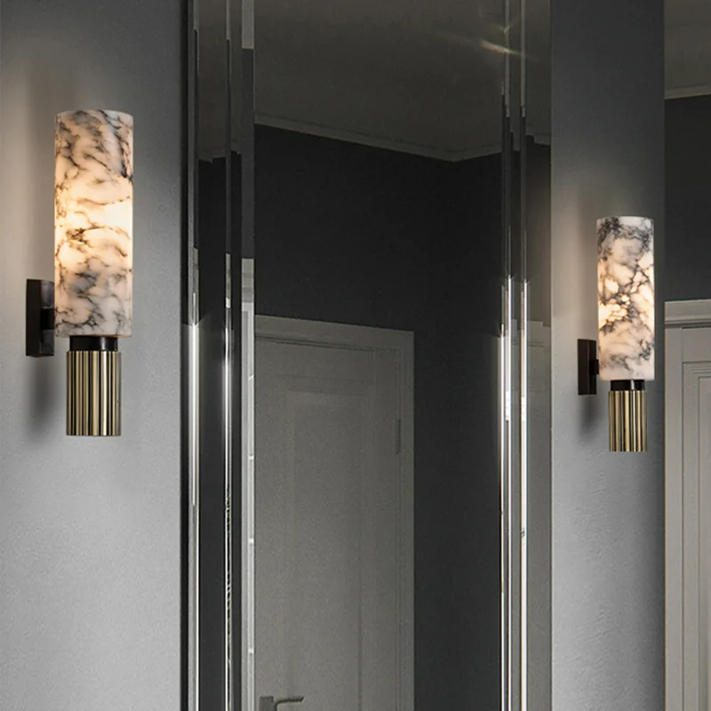 Iluminación interior elegante: aplique de pared LED cilíndrico con distintivo efecto mármol.