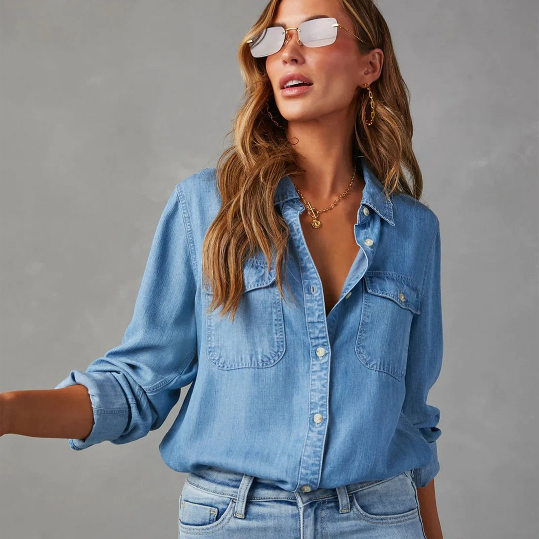 Camisa de moda para mujer, estilo casual elegante, con bolsillos y botones. Ideal primavera/otoño.