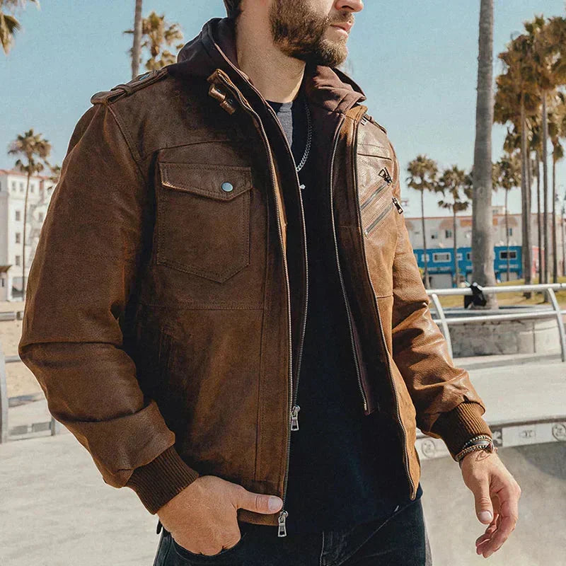 Chaqueta masculina de invierno con capucha, cremallera frontal y bolsillos, perfecta para el frío casual.