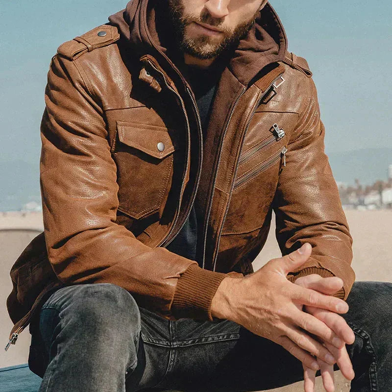 Moderna chaqueta robusta de hombre con capucha y múltiples bolsillos, versátil para otoño e invierno.