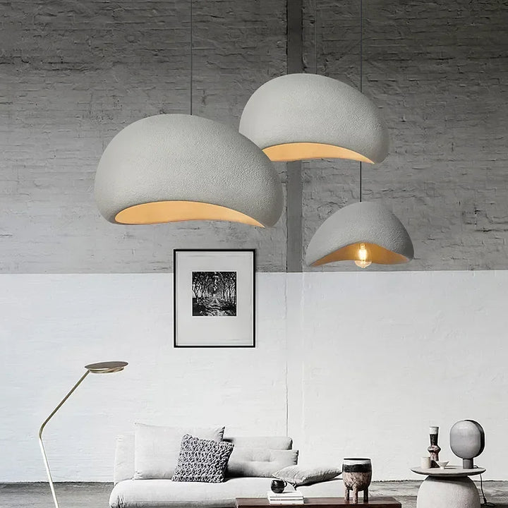 Lámpara colgante de poliestireno efecto cemento, diseño industrial moderno, iluminación decorativa.