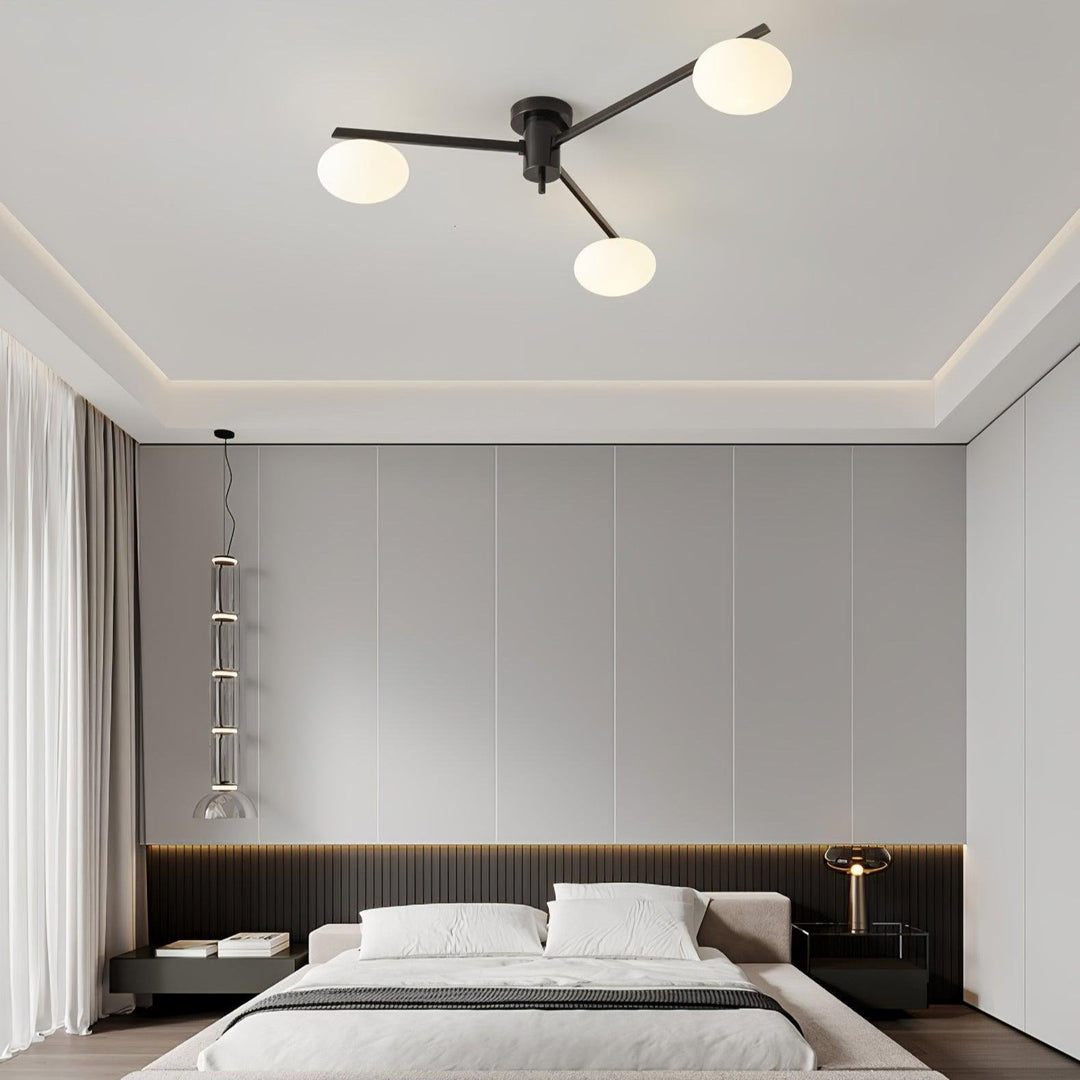 Luz de techo moderna, suspendida, de vidrio y cobre, perfecta para un ambiente minimalista.