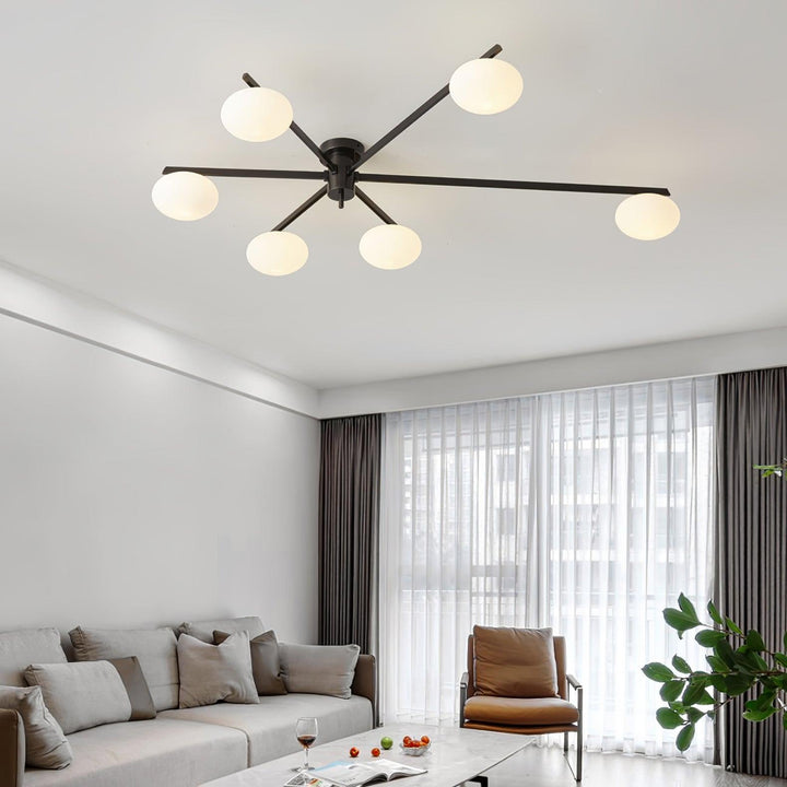 Lámpara de techo de cobre y vidrio transparente, estilo minimalista escandinavo, luz cálida.