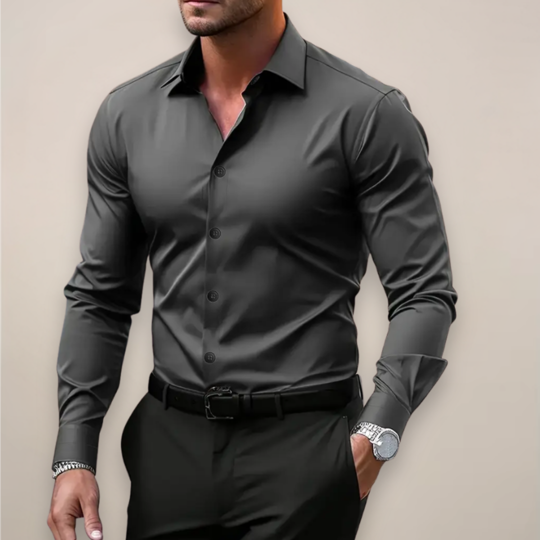 Camisa de vestir elegante para hombre, manga larga, corte slim fit, ideal para negocios o eventos formales.