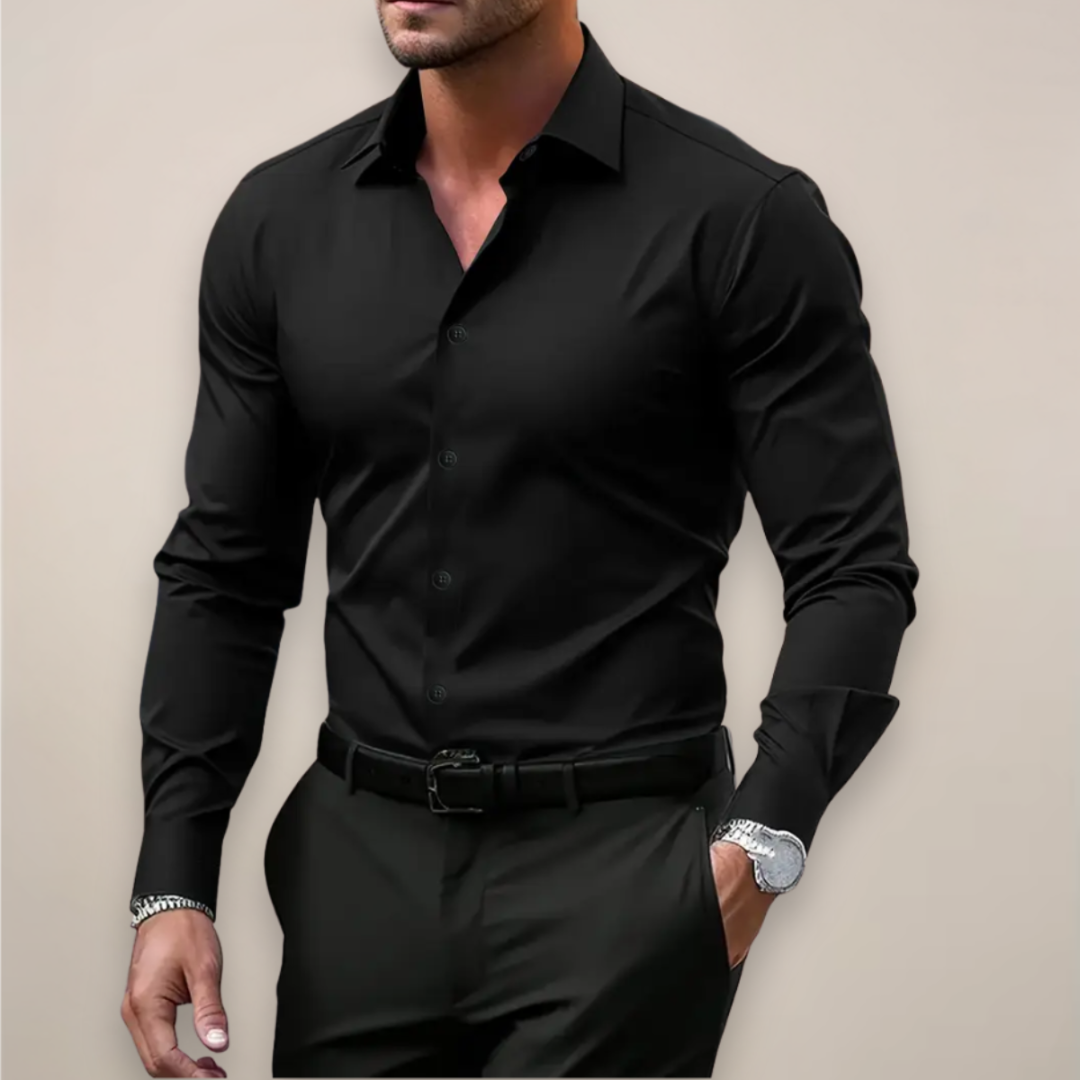 Camisa gris de vestir para hombre, manga larga, estilo contemporáneo, ideal para oficina y ocasiones formales.