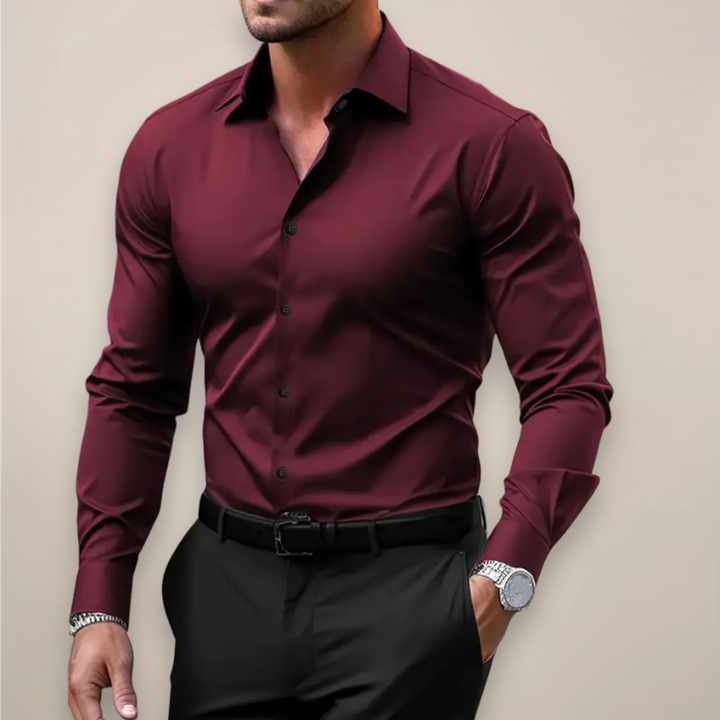 Camisa azul celeste de vestir para hombre, manga larga, slim fit, ideal para eventos formales o de negocios.