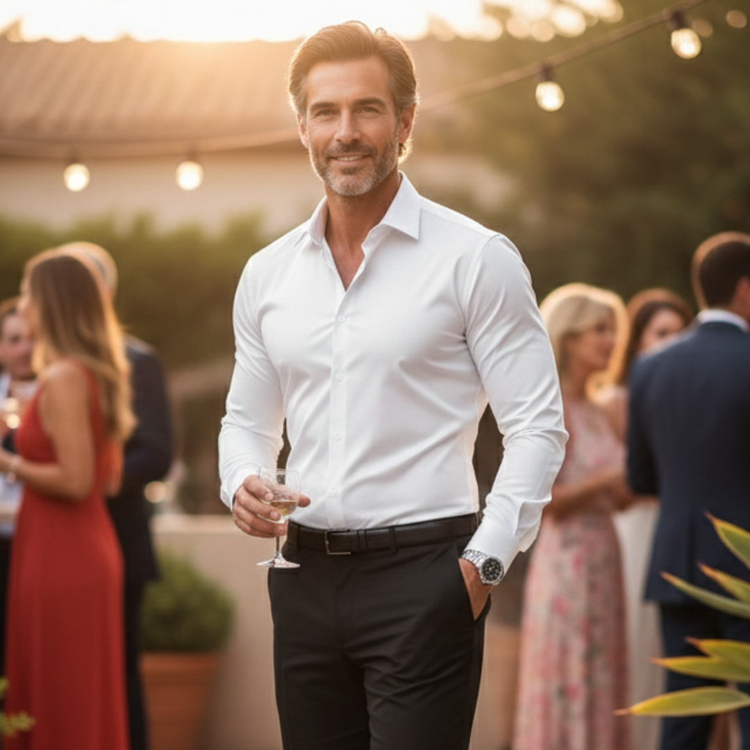Camisa de vestir slim fit para hombre, manga larga, diseño moderno y ajuste que realza la figura masculina.