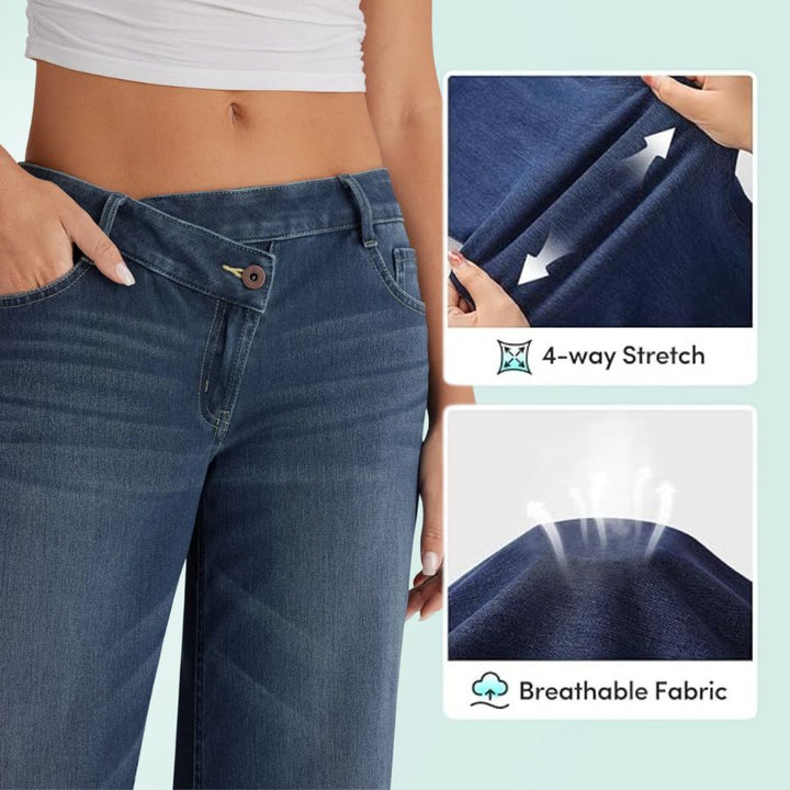 Modernos vaqueros elásticos mujer, tiro bajo asimétrico. Comodidad y estilo casual azul denim.