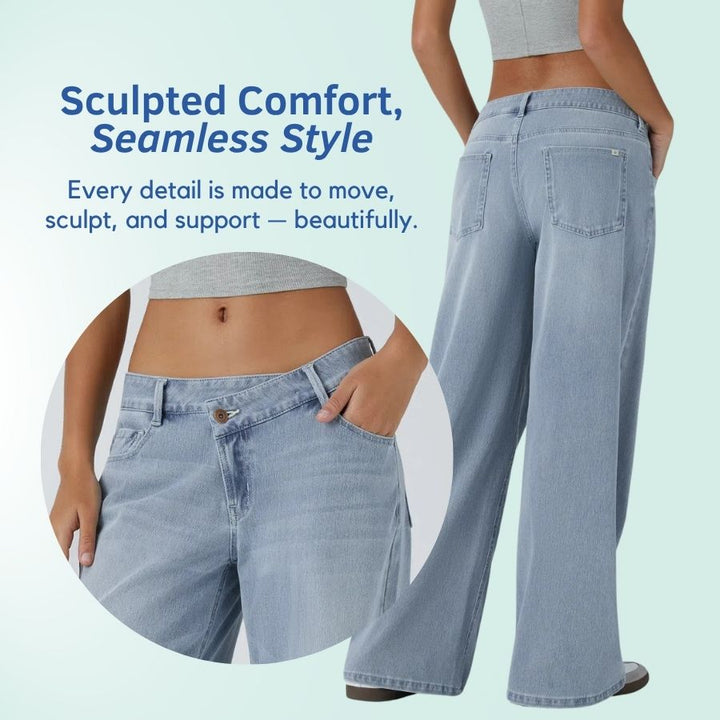 Pantalones vaqueros de mujer, tiro bajo asimétrico, pierna ancha. Elásticos para look casual.