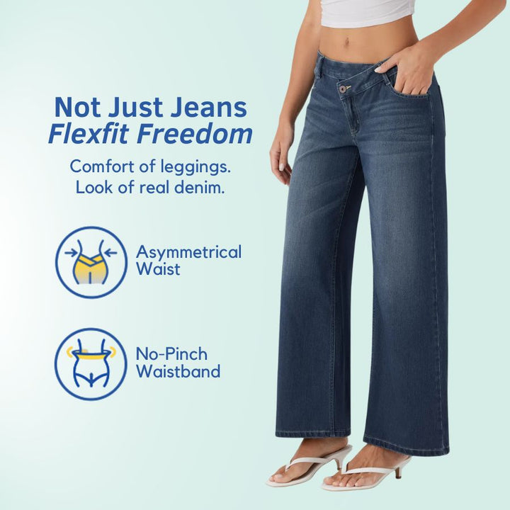 Vaqueros mujer asimétricos y elásticos, tiro bajo. Comodidad y estilo casual azul denim.