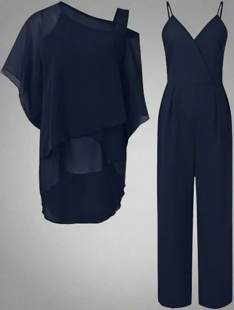 Mujer radiante con conjunto de chifón elegante. Estilo sofisticado y fluido para primavera y verano.