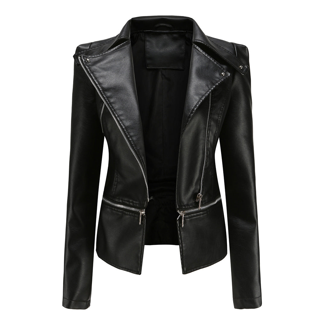 Cazadora biker negra entallada para mujer, estilo moderno y chic, ideal para moda urbana.