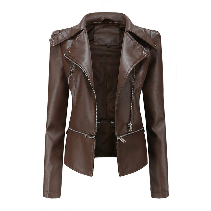 Chaqueta biker de mujer color marrón, corte entallado. Elegancia femenina para entretiempo.