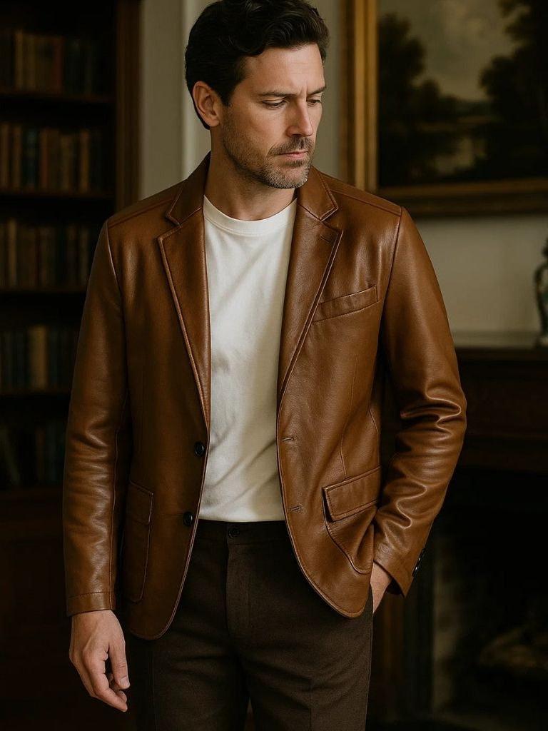 Chaqueta de cuero café para hombre, corte clásico, con cremallera y bolsillos funcionales.