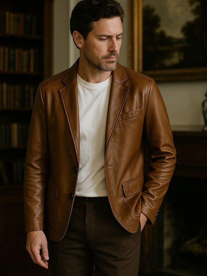 Chaqueta de cuero café para hombre, corte clásico, con cremallera y bolsillos funcionales.