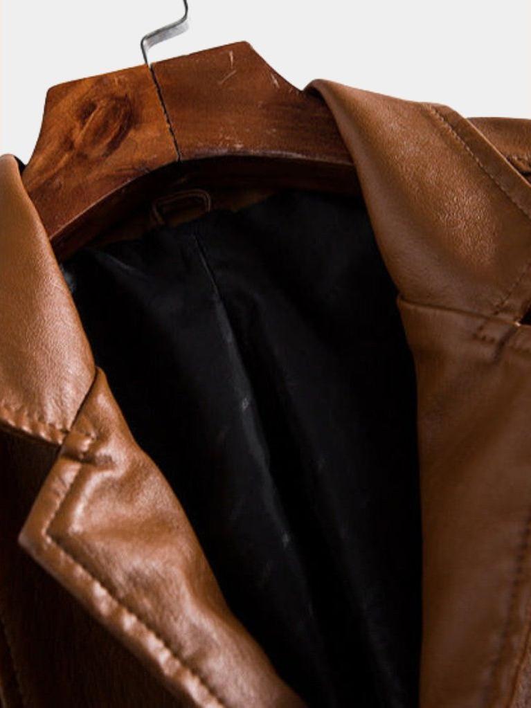 Chaqueta premium de cuero marrón caramelo para hombre, estilo clásico, duradera y cómoda.