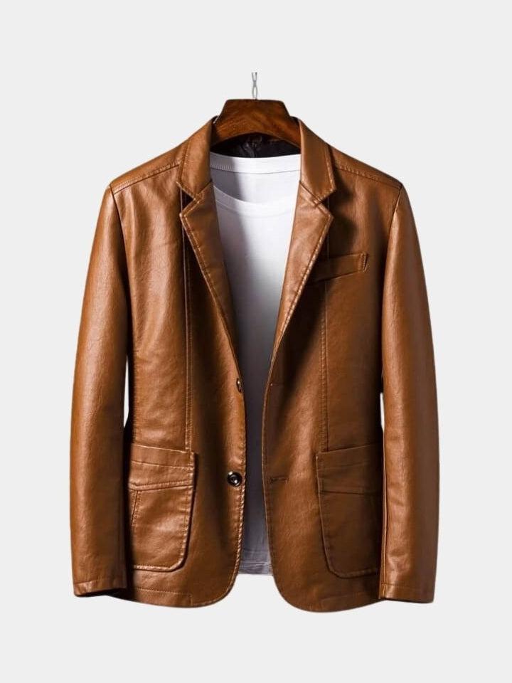 Chaqueta de cuero marrón caramelo para hombre, estilo clásico, ropa exterior elegante y versátil.