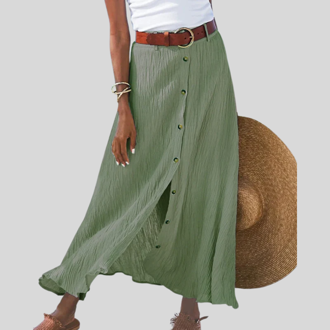 Falda fluida de mujer con botones, estilo elegante y casual para primavera/verano.