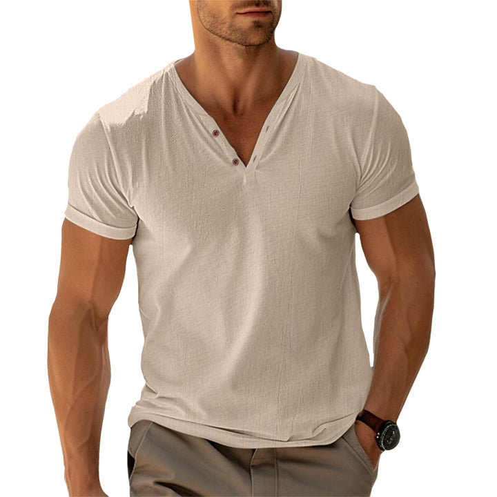 Camiseta básica LENO para hombre, cuello V y botones, perfecta para moda de verano. Manga corta, estilo casual y elegante.