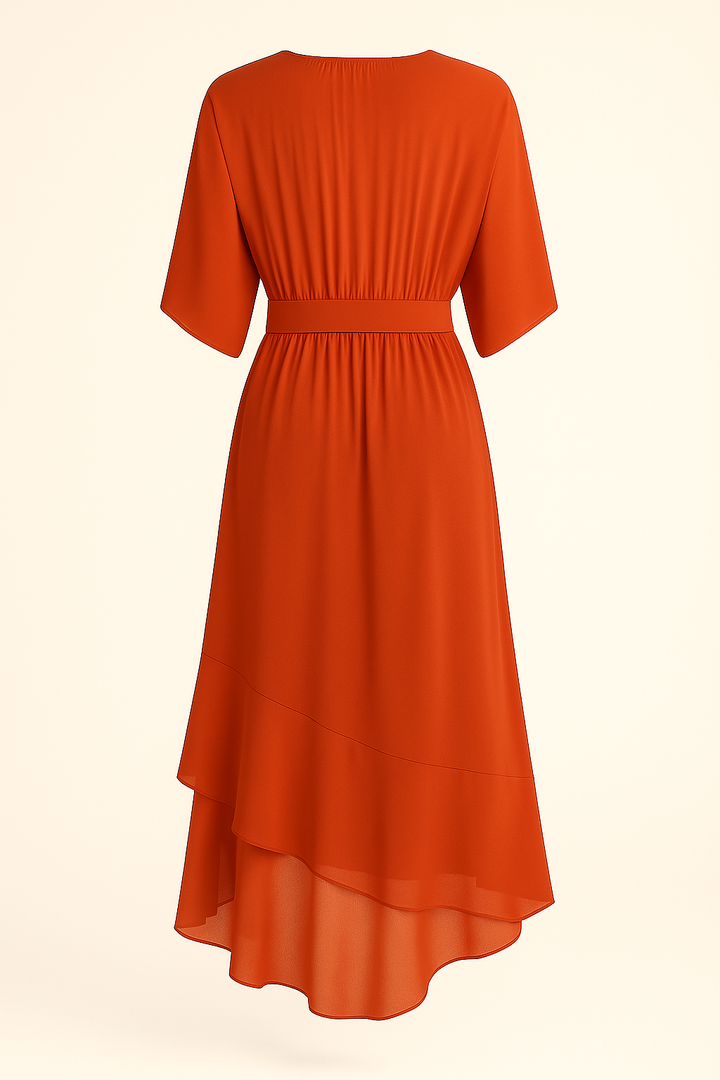 Vestido de gala con escote V para mujer, mostrando un estilo sofisticado y atemporal para celebraciones.