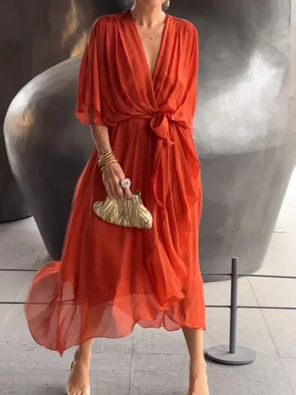 Vestido formal de mujer con escote V para fiestas y bodas. Glamour y comodidad en una prenda.