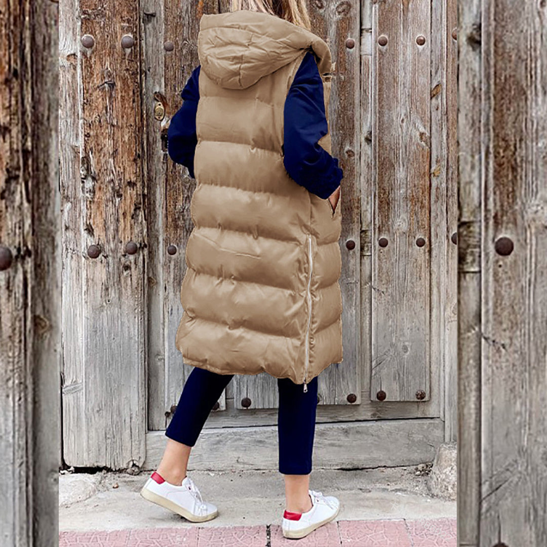 Chaleco de moda para mujer, estilo largo y con capucha. Ideal para otoño e invierno, muy versátil.