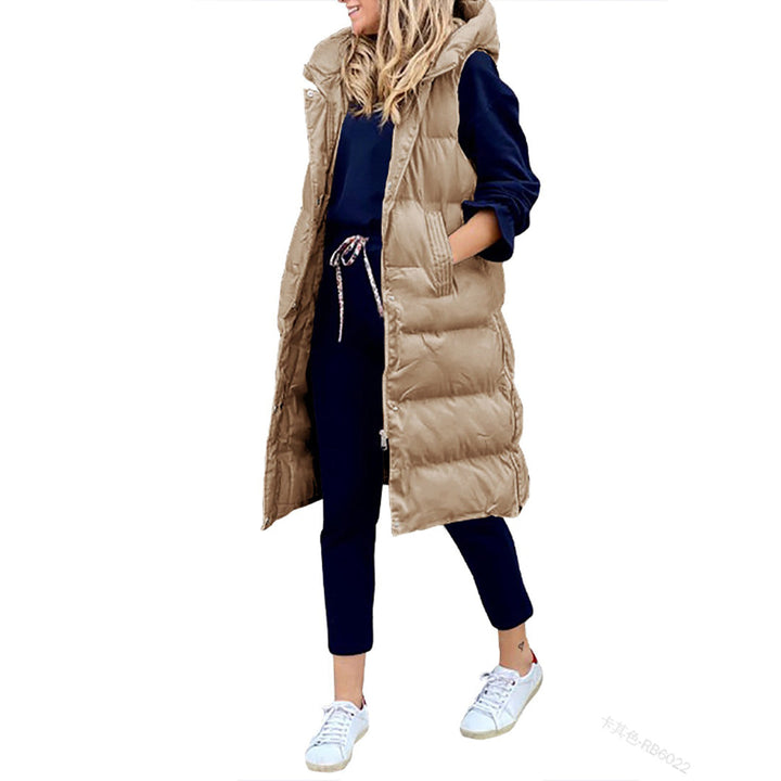 Chaleco largo de mujer con capucha. Ideal para un look elegante y casual de otoño/invierno.
