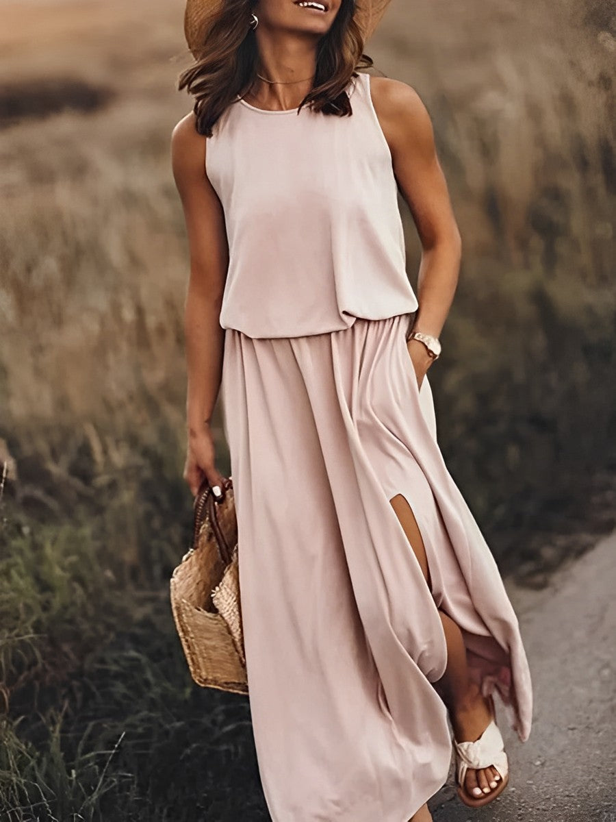 Vestido casual largo de verano para mujer, corte elegante sin mangas, ideal para un look retro y fresco.