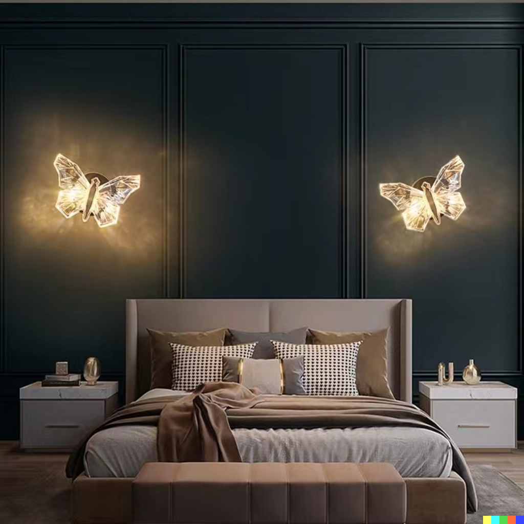 Lámpara de pared LED mariposa, eficiencia energética y diseño moderno para iluminación decorativa ambiental.