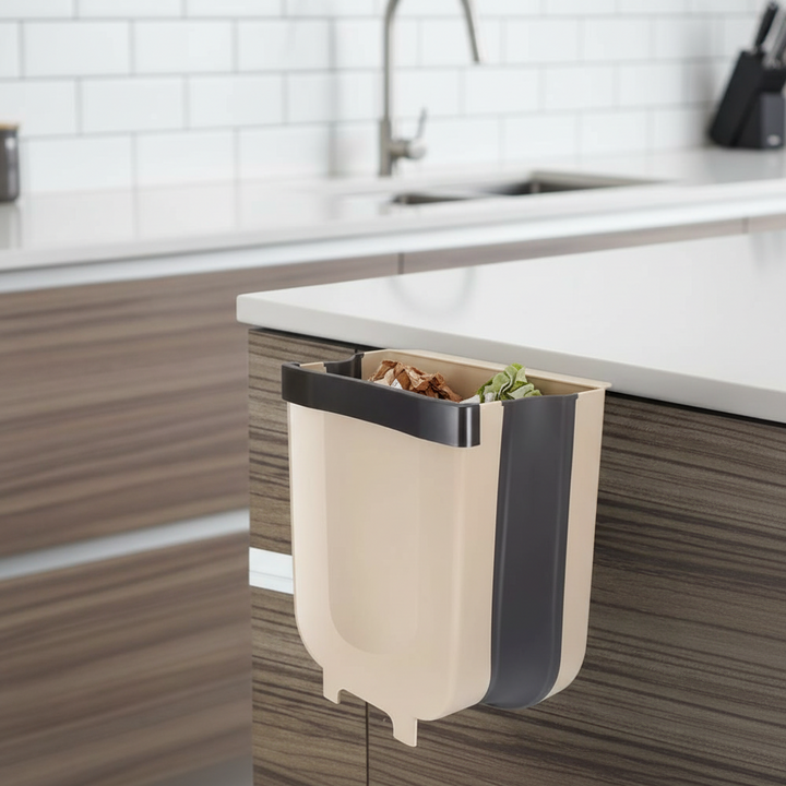 Cubo de basura colgante para cocina, ideal para gabinetes, solución plegable que ahorra espacio.